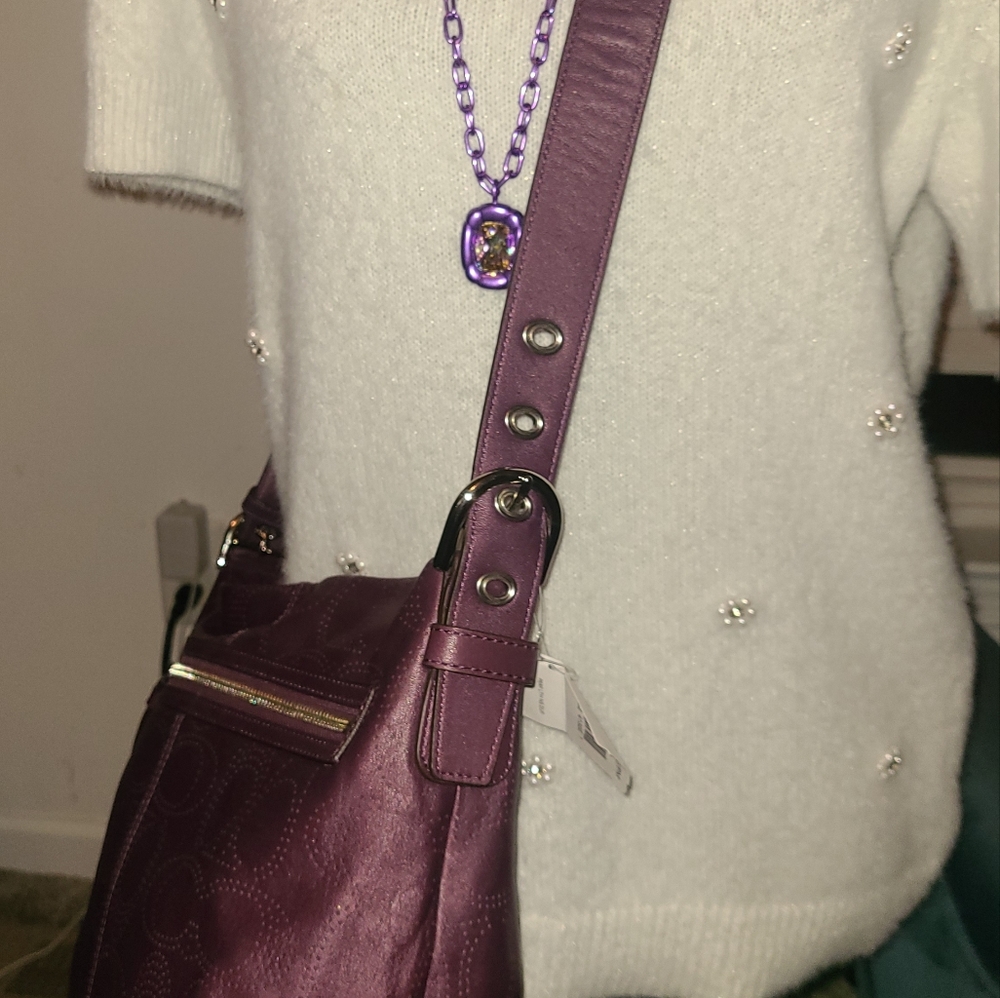 NWT Coach plum/silver perforated leather duffle shoulder bag F19407 - Picture 14 of 14